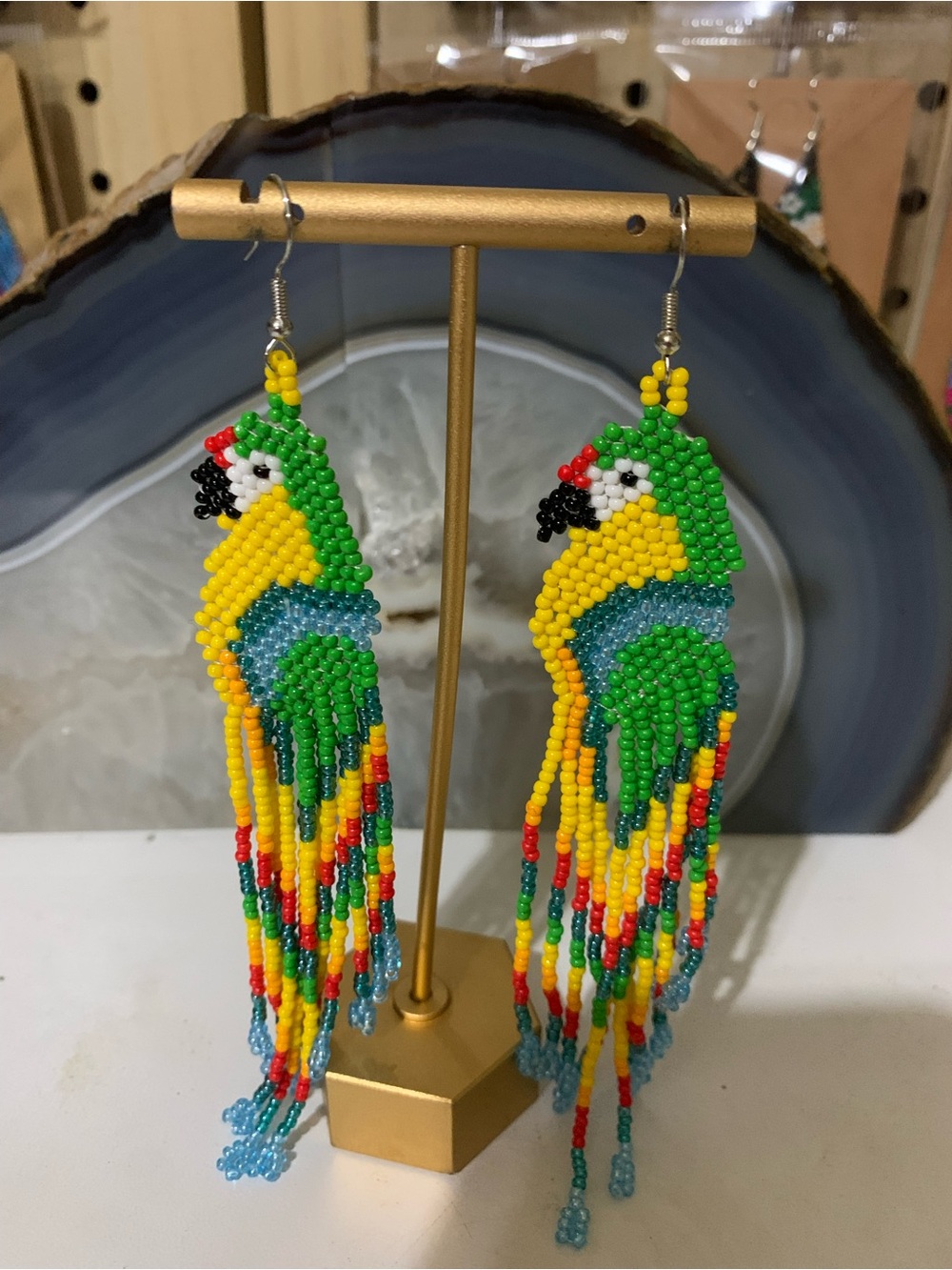 Handmade Green and Yellow Beaded Parrot Bird Earrings - Pets Bird Toys Style